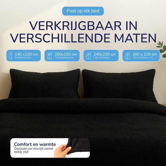 Decoware® Teddy Fleece Dekbedovertrek - Zwart - 2-persoons (200x220 cm + 2 Kussenslopen 60x70 cm) - Dubbelzijdig - Heerlijk Warm van Decoware — afbeelding 2