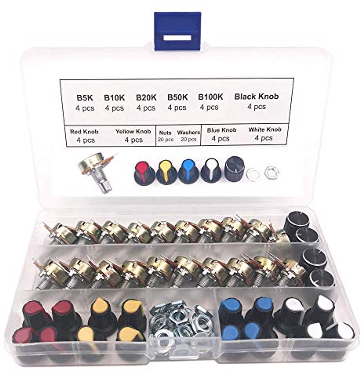 20st Potentiometers B5K B10K B20K B50K B100K Ohm Lineaire Potentiometer met Doppen en Ringen voor Elektronische Projecten