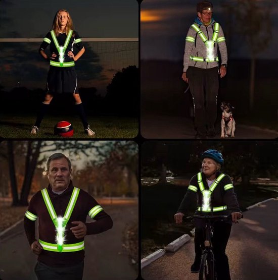 Reflecterend hardloopvest met LED-verlichting op de borst en armen, gedragen door vier personen in verschillende nachtelijke activiteiten.