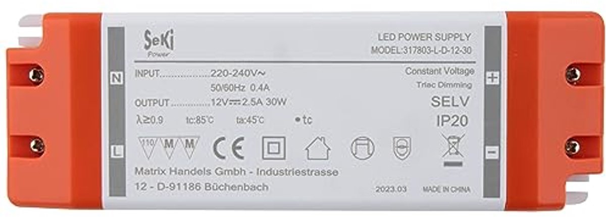 12V DC 30W Dimbare LED Driver - TRIAC Dimbaar Transformator voor Verlichting