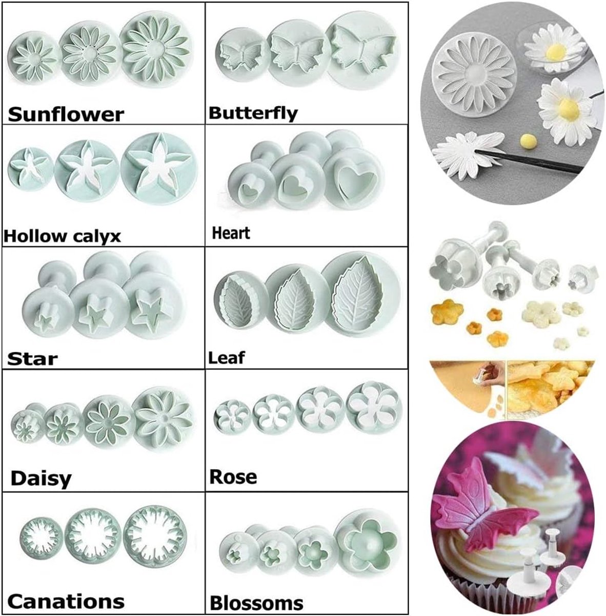 Sander Shop Fondant uitsteekvormpjes, 33-delig, uitsteekvormpjes, stempel, uitsteekvorm, modelleergereedschap, uitsteekvormen bloemen, vlinder, sterren, hartvormig, bladeren voor taarten, cake bakken