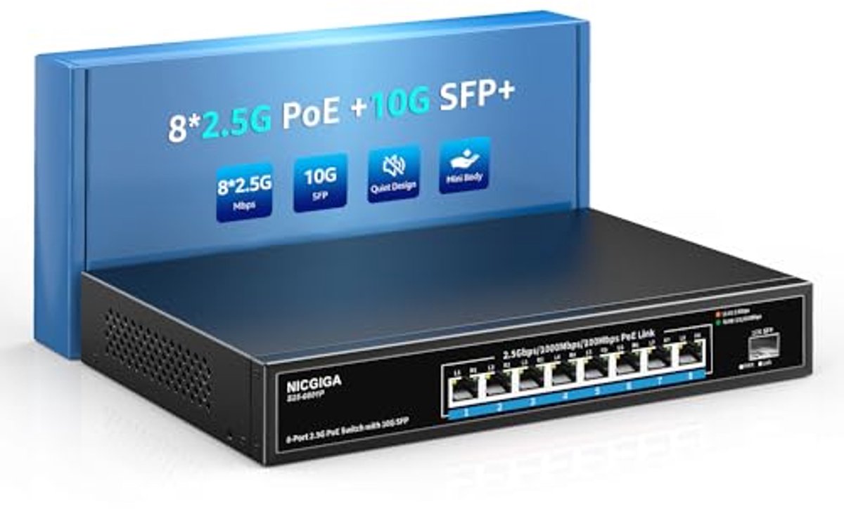 Image of 8-poorts 2.5G PoE Switch Unmanaged met 120W PoE+ en 10G SFP Uplink voor WiFi6, NAS en 4K Camera