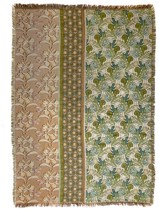 NIN-NIT - Nouveau Naturel Blanket - plaid - geweven deken - sprei - 100% geweven katoen - Bloemen - bladeren - natuurprint - beige - wit - zand - groen - blauw - multicolor - 220x160 cm