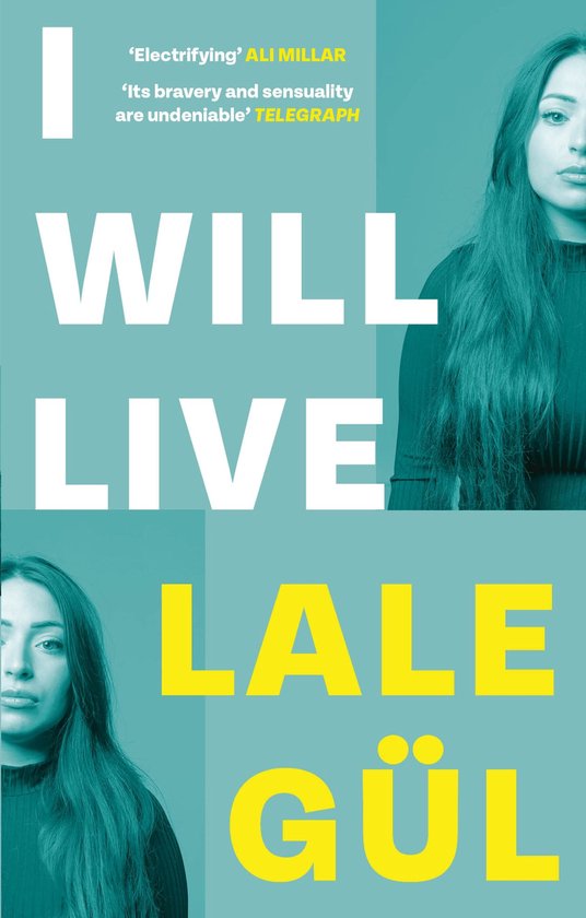 Boekcover met de titel 'I WILL LIVE' en citaten. Twee vrouwenportretten aan de zijkanten, turquoise achtergrond.