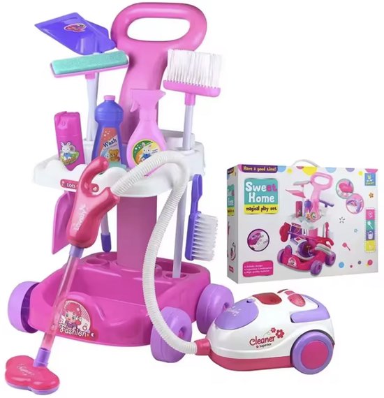 Playos® - Schoonmaaktrolley - Roze - met 14 Accessoires - Werkende Stofzuiger - Schoonmaakset - Speelgoed - Rollenspel - Sinterklaas