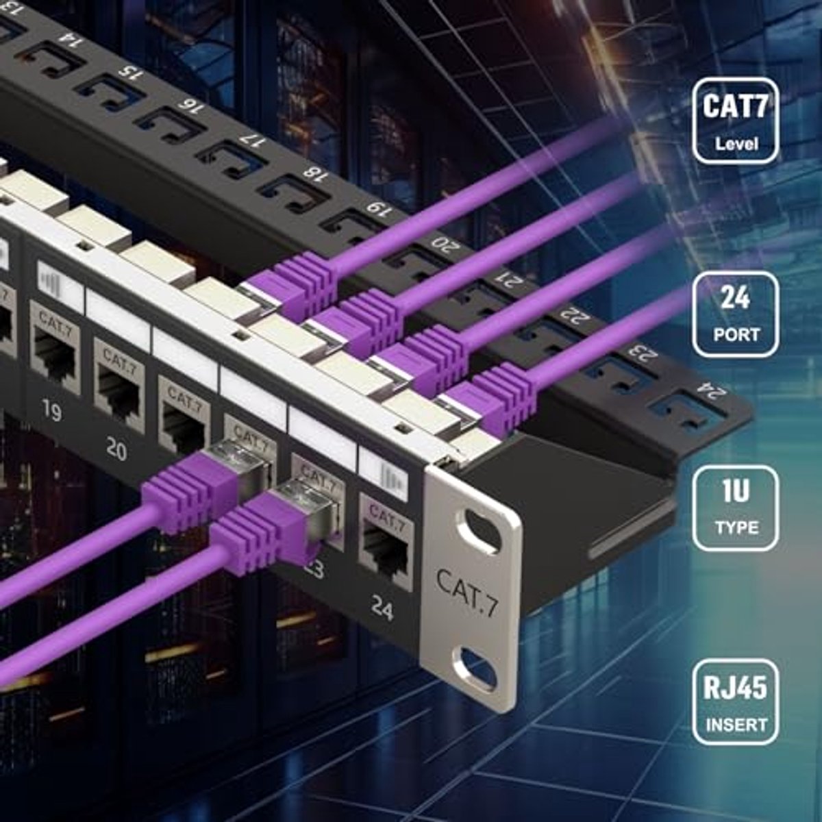 24-poorts patchpaneel Cat7 RJ45, 10Gbps, 1U - Rackmontage of Wandmontage