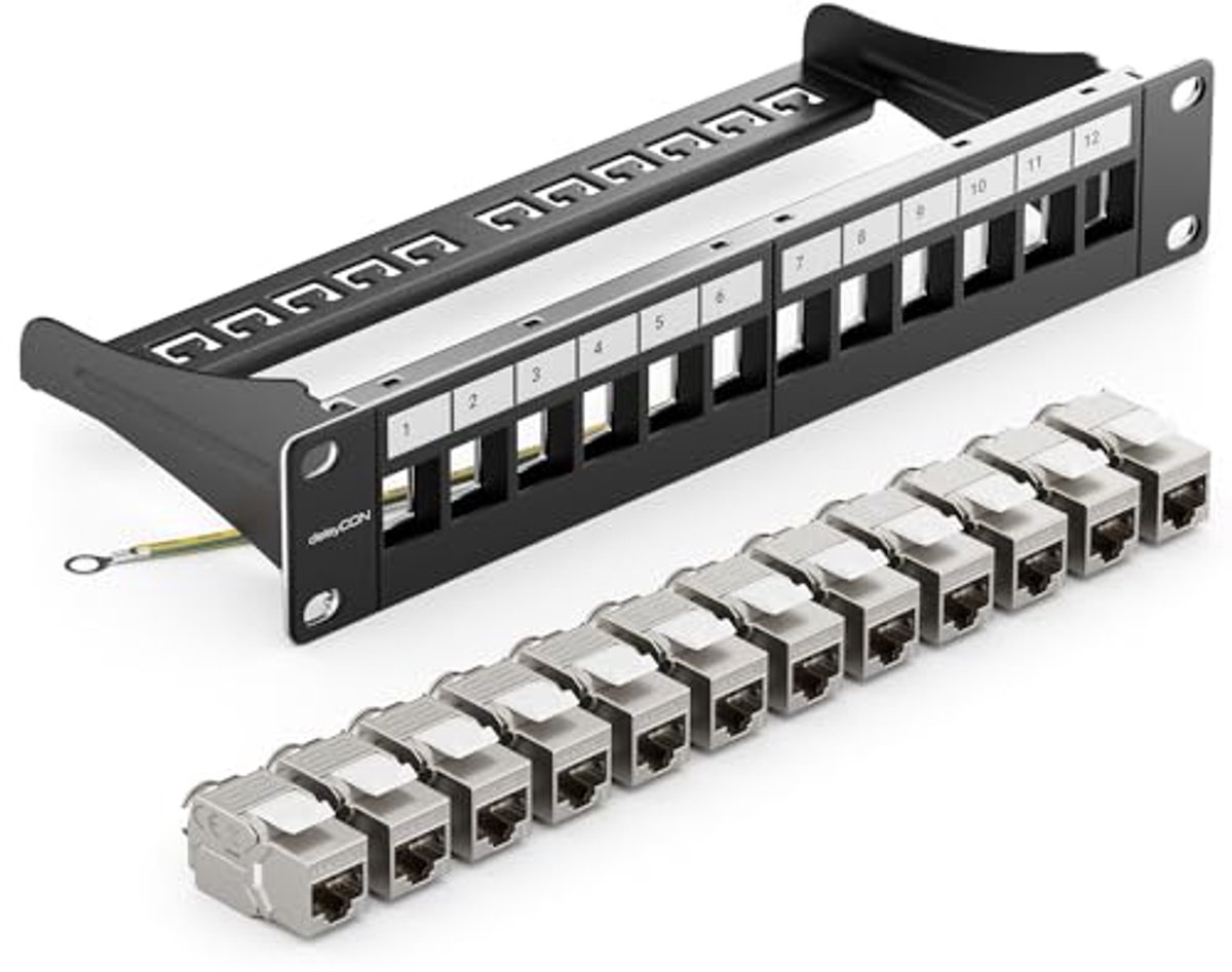 12-Poorts CAT 8 Patchpaneel Set met 12x RJ45 Keystone-Jackmodules voor 40 Gbit/s