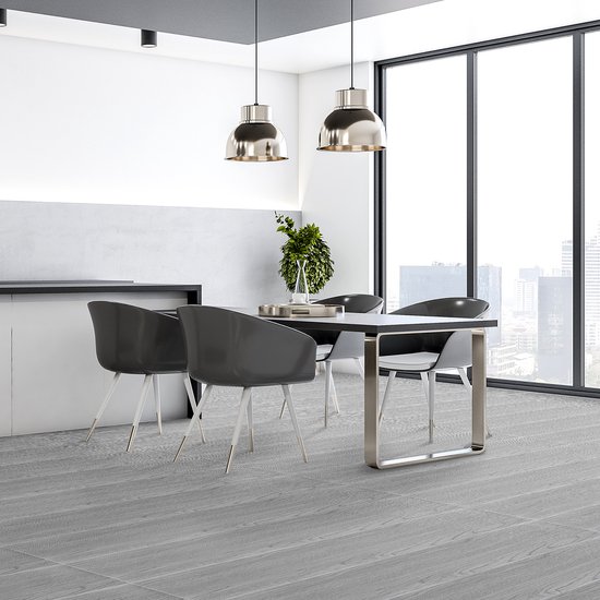Moderne eetkamer met grijze PVC-vloer met houtlook.