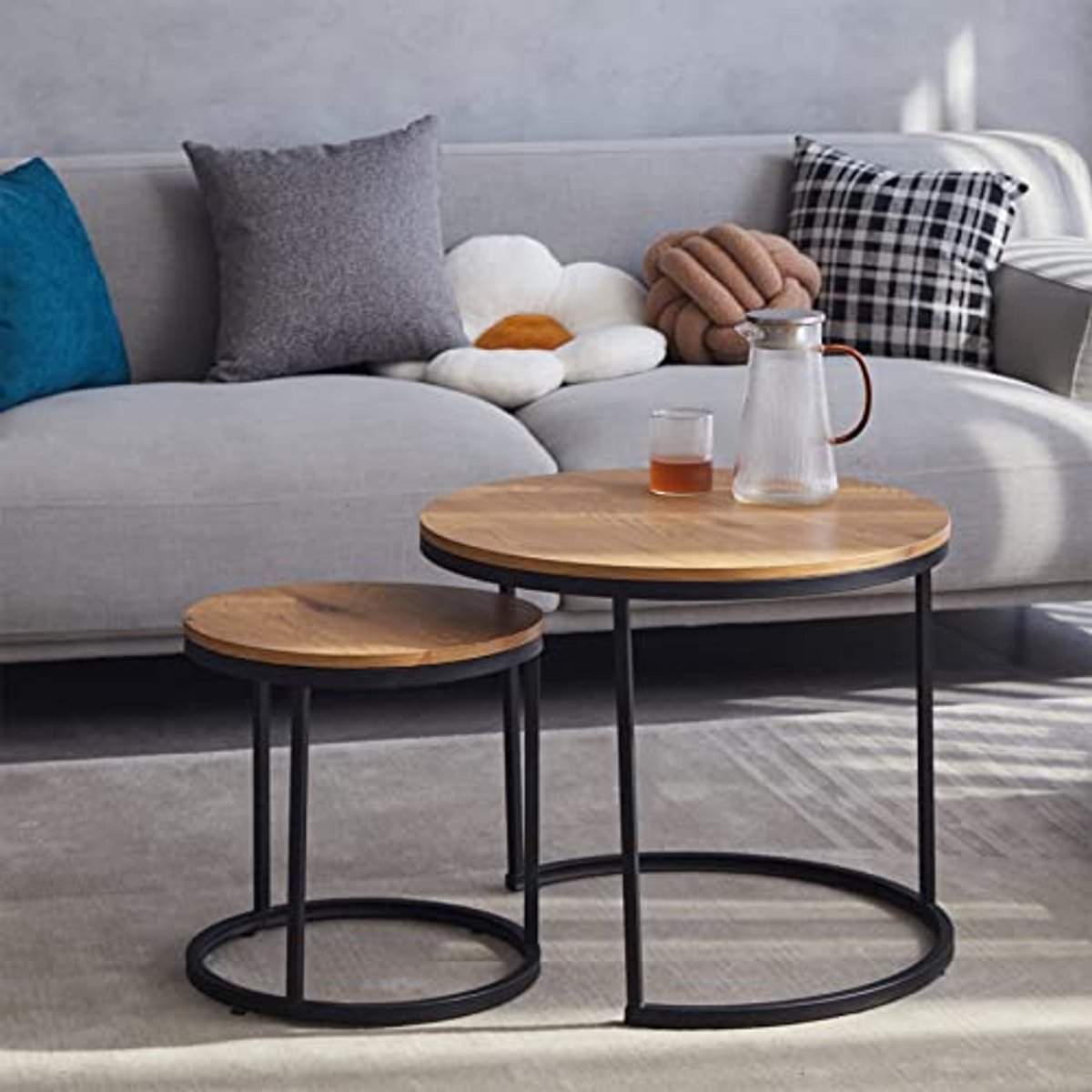 Set van 2 ronde salontafels en bijzettafels, hout, voor woonkamer en slaapkamer