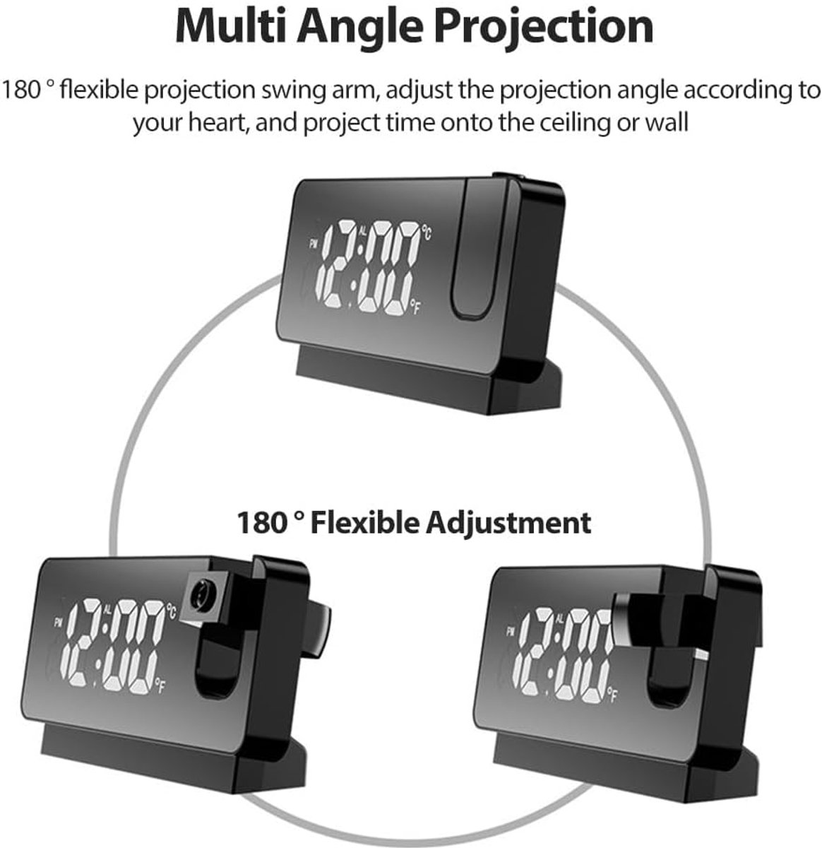 Wekker met projectie-2 stuks wekker analoog-Draagbare projectiewekker - LED digitale klok geprojecteerd op plafondmuur 180° projector USB-aangedreven nachtkastjeklok - Stille slaapklok voor thuis slaapkamers - Zwart - 16x3.5x9.2 – foto 7