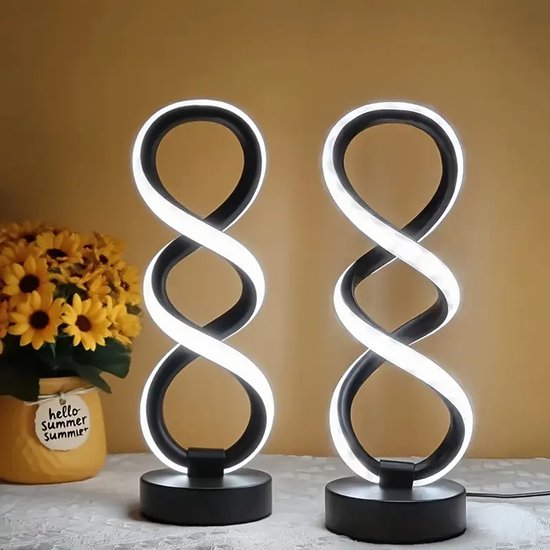 Lumora 2x Spiraal Tafellampen – Sfeerlamp, Nachtlampje, Tafellamp, Bureau Lamp, LED Lamp, Decoratieve Verlichting, Moderne Eenvoudige Ontwerp – Voor Slaapkamer, Woonkamer, Studentenkamer – Leeslamp, Interieurverlichting – Zwart