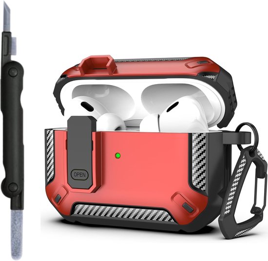 Sounix Hoesje geschikt voor Airpods Pro 1 / 2 - Met schoonmaak borstel - Airpods Pro Hoesje - Armor Case met Lock - Rood