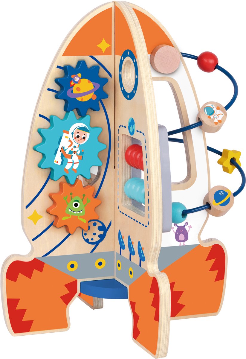 Houten Raket Activiteitencentrum – Kubus- Activity Center - Houten Speelgoed voor Peuters – Motoriek & Ontdekken - Educatief