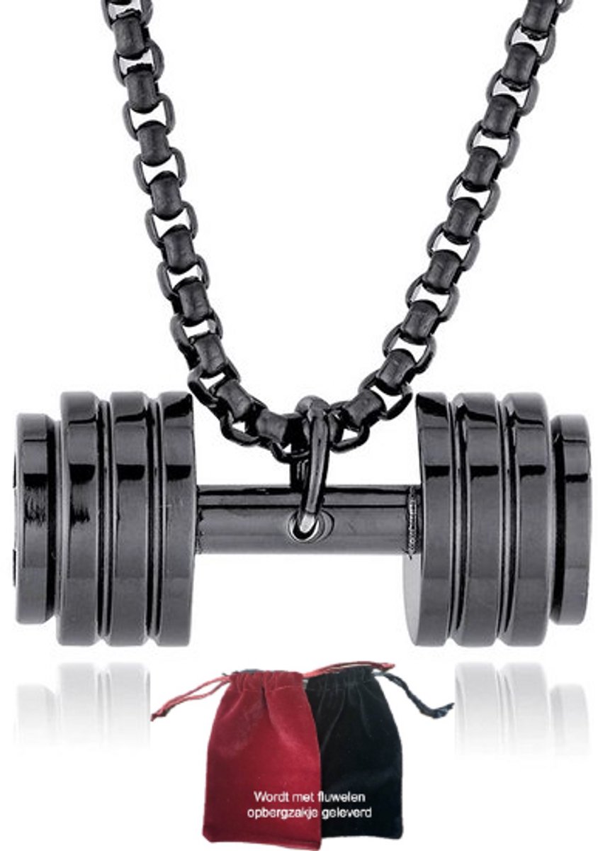 My Sweet Romance® – Halsketting met Dumbbell – Zwart – 60 cm – RVS – Bedel 37 x 14 mm