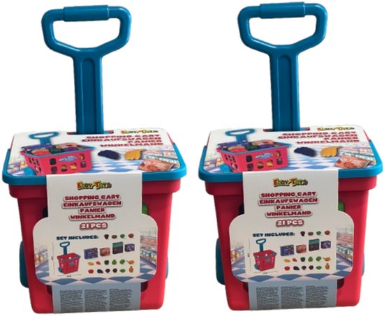 EDDY TOYS - 2 stuks - Winkelmandje speelgoed - Boodschappen trolley - 20 Delige - winkelkarretje - Speelgoed - Winkelkar - Winkel