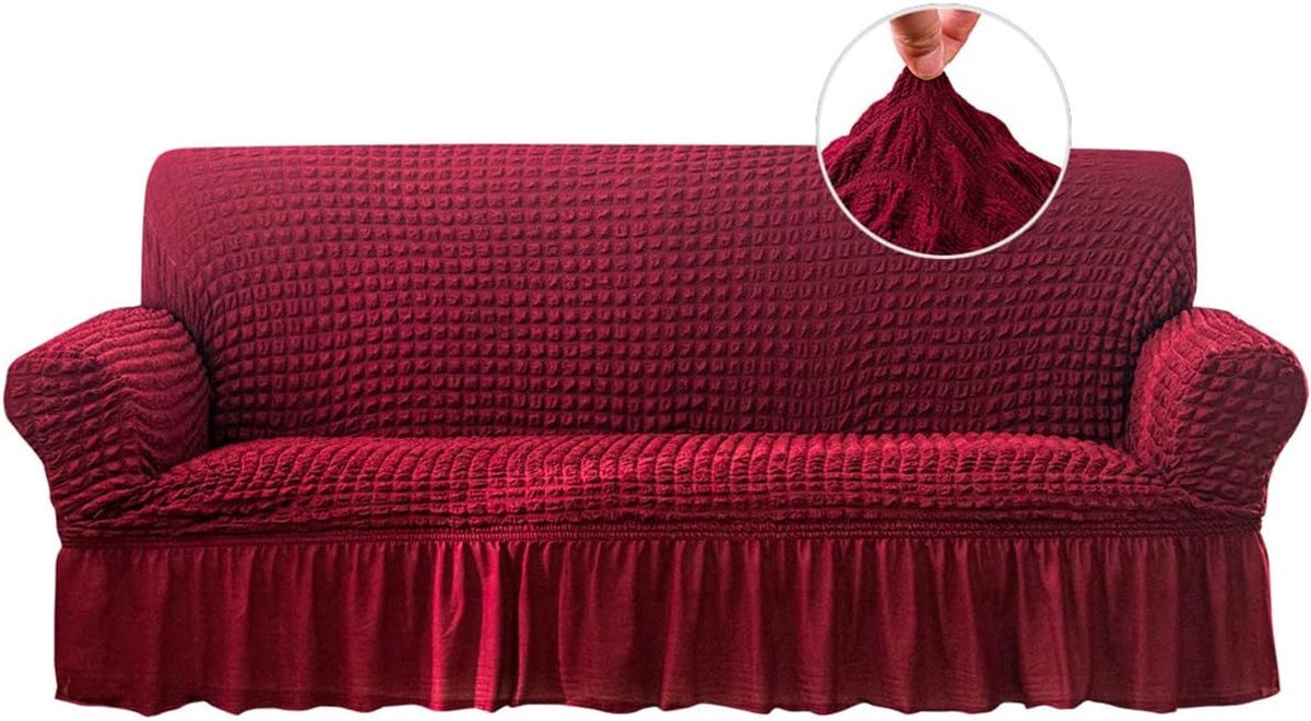 Stretch Sofa Hoes Bankhoezen Wasbare Bank Bedhoes Gemakkelijk te Passen Meubelbeschermer met Elastische Onderkant en Rok (Bordeauxrood, Medium)