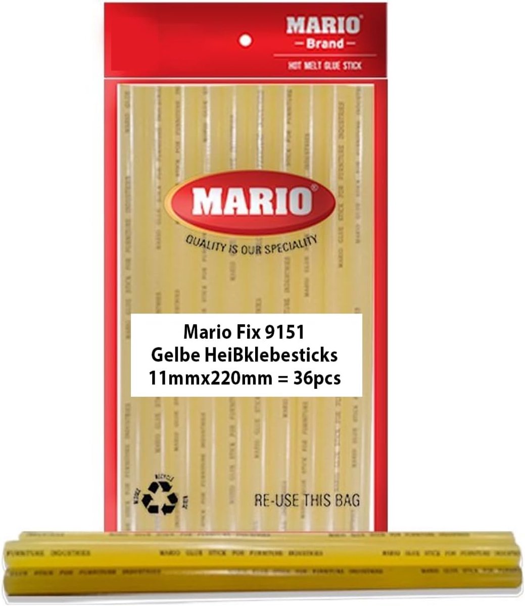 Mario Lijmsticks 11mm x 220mm – 36 Stuks | Super Sterke Heet Smelt Lijm voor Hout, Kunststof & Metaal | Professionele Kwaliteit voor Meubelindustrie, Handwerk & DIY (Geel) met Kajal Sticker