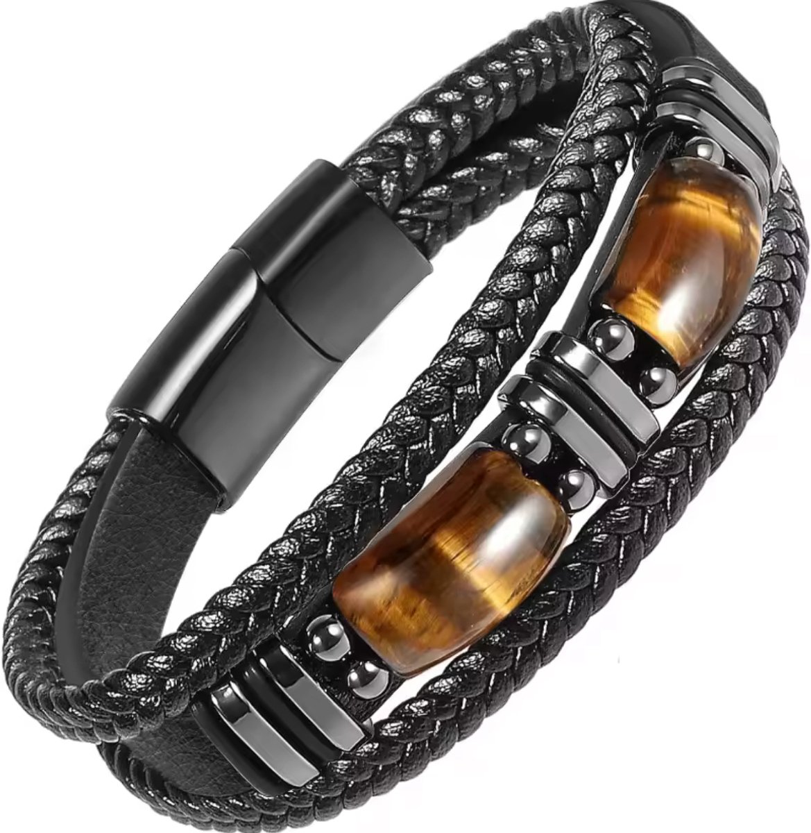 Tijgeroog Zwart Lederen Armband - Natuurlijke Edelsteen Armband - Magnetische Sluiting - 21,5cm