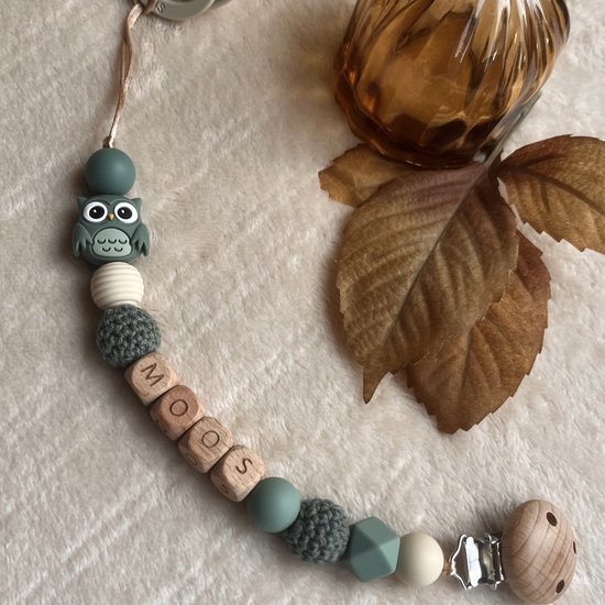 Speenkoord met naam - Groen/Uil - Gepersonaliseerd - Speenketting - Babycadeau - Kraamcadeau - Speenkoord jongen — afbeelding 2