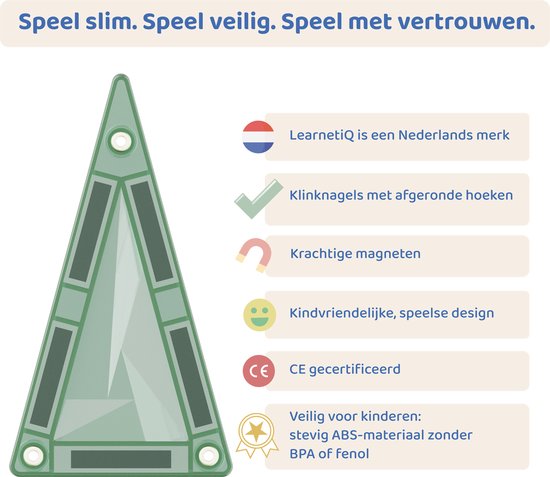 Groene magneetsteen met uitleg over LearnetiQ: Nederlandse merk, veilige materialen, magneten.
