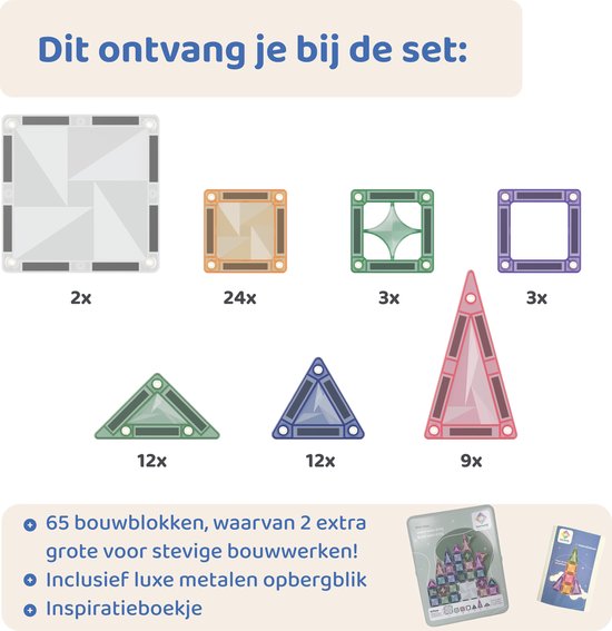 Inhoud van de LearnetiQ set: diverse gekleurde magneetstenen, opbergblik en inspiratieboek.
