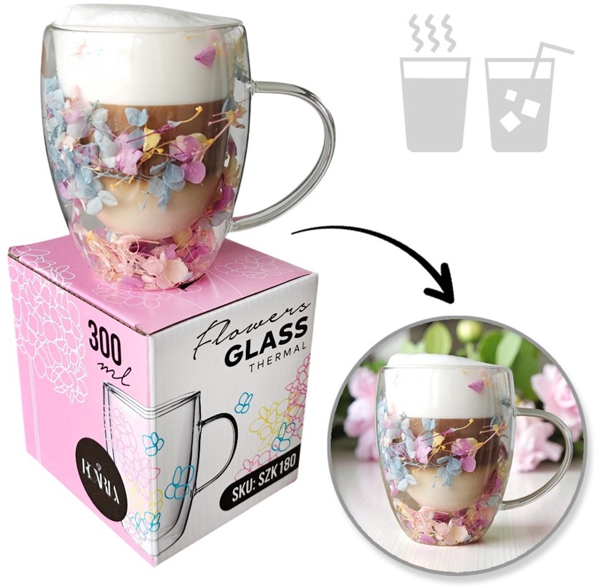Thermoglas met echte bloemetjes multicolor 300 ml