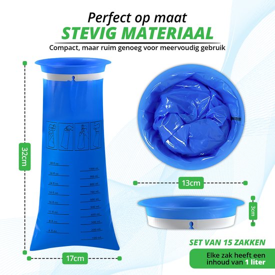 Lichtblauwe wegwerp braakzak, 32cm hoog, 17cm breed, 13cm diameter, 3cm dik. Set van 15 stuks, 1 liter inhoud.