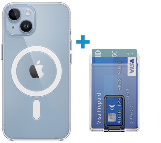 Coque bleue transparente avec logo cercle compatible MagSafe et porte-cartes séparé.