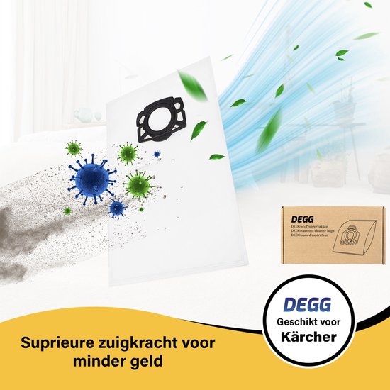 Witte stofzuigerzak met zwarte aansluiting, omringd door blauwe virusdeeltjes en groene bladeren.