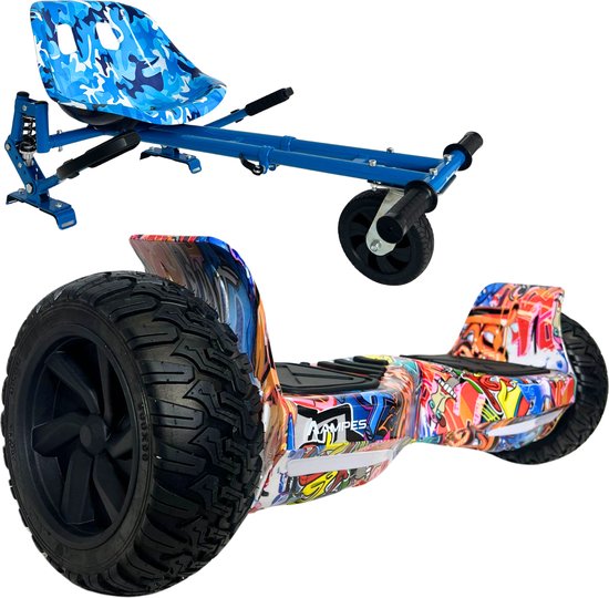 Ampes off-road hoverboard met graffiti-print en blauwe hoverkart met vering.