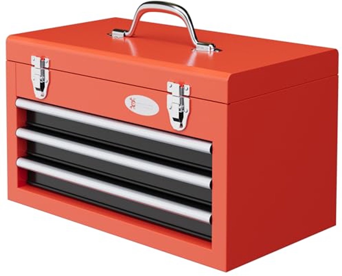 Gereedschapskoffer van staal met 3 lades en bovenste box - Draagbaar voor werkplaats, garage en huis - 45 x 24 x 27 cm - Rood