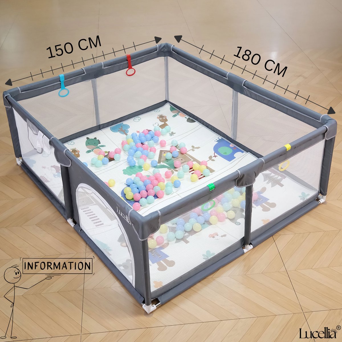 Lucellia® Grondbox Baby 150x180 cm – Speelbox met Dubbelzijdige Speelmat & 30 Speelballen – Kinderbox, Playpen & Baby Box – Draagtas – Donkergrijs – foto 7