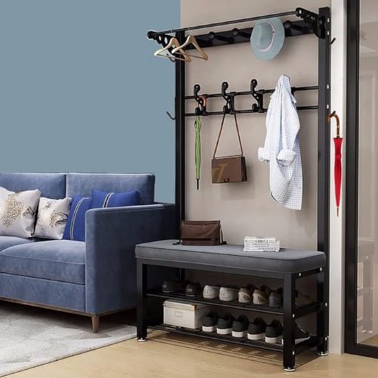 Industriële kapstok schoenenbank entree opslag organizer 3-in-1 hal boomstandaard met afneembare plank eenvoudige montage voor kleine ruimtes entree