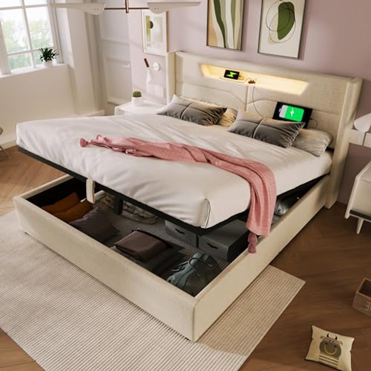 Gestoffeerd tweepersoonsbed met USB oplaadfunctie en ledverlichting, 140 x 200 cm, beige