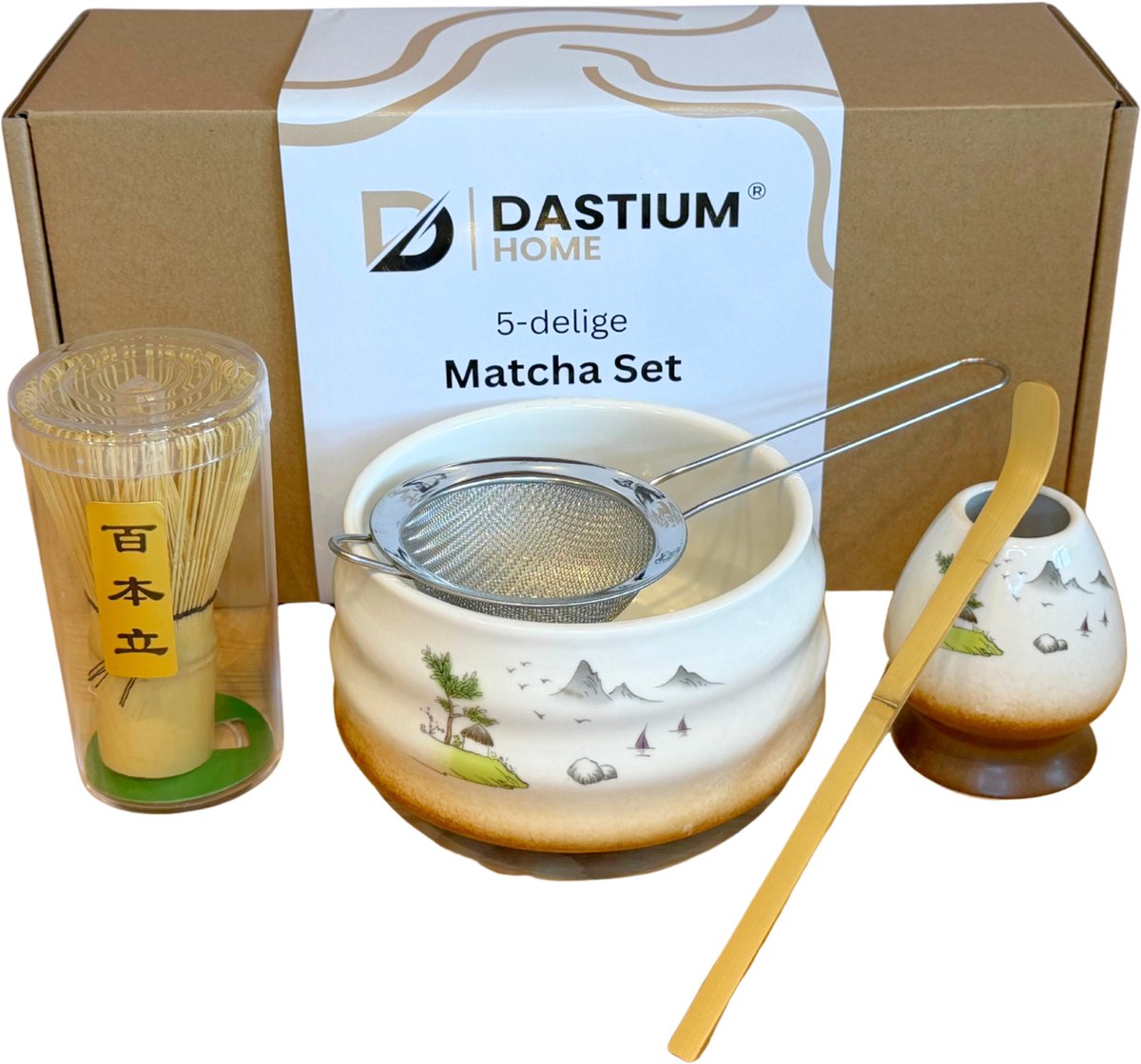 Dastium Home Matcha - Matcha Set - 5 delige set met matcha klopper, matcha kom, lepel, whisk houder en zeef - Matchaset - Matcha Starterkit - Matcha Theeset - Matcha Kom - Wit Met Tekening