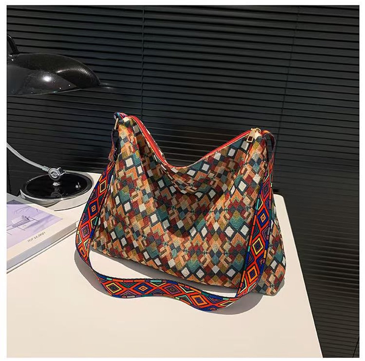 Vrolijke bohemian Shopper - Donker Beige | 42 x 30 x 10 cm | Canvas | Schoudertas/Luiertas | Il Bambini