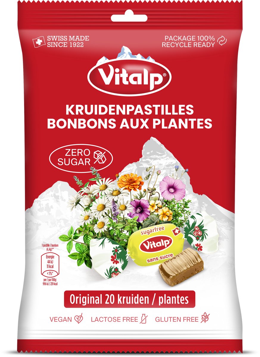 Vitalp - keelpastilles - original met 20 kruiden suikervrij - vegan - 16 zakjes - 75 gram afbeelding