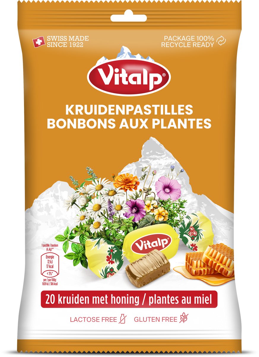 Vitalp - keelpastilles - original met 20 kruiden en honing - 16 zakjes - 75 gram afbeelding
