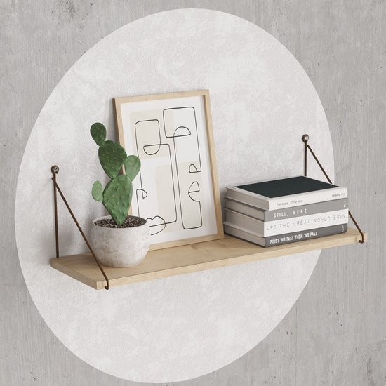 Houten wandplank met bruine metalen ophanging, versierd met een plant, kunst en boeken.