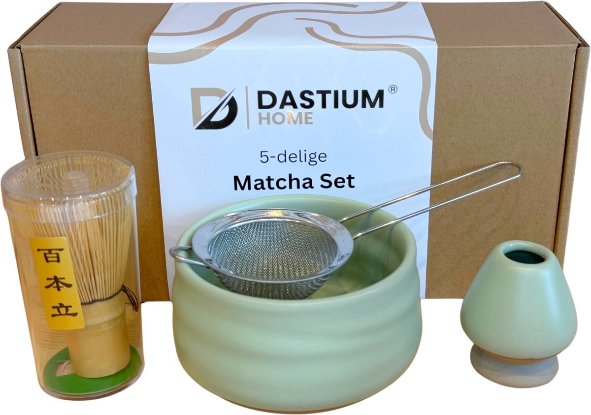 Dastium Home Matcha Set - 5 delige Matcha Starterset - Matcha Klopper - Matcha Kom - Matcha Zeef - Matcha Thee Set - Natuurlijke Vorm Beige