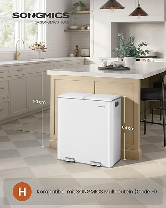 Foto: Premium dual compartment kitchen bin 2 x 30l waste separation system soft close pedal bin odor control removable inner buckets modern steel trash can cloud white hygienic silent ganeey