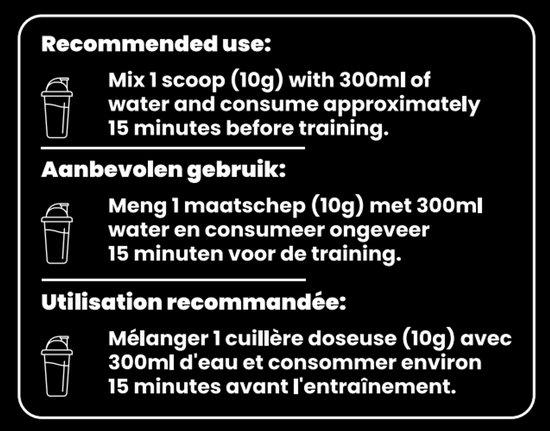Aanbevolen gebruik: Meng 1 schep (10g) met 300ml water en consumeer 15 minuten voor de training.