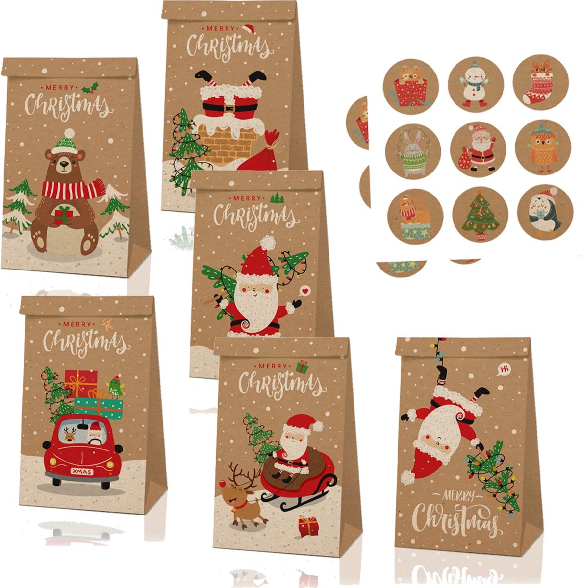 Luxe kerstcadeauzakjes met feestelijke patronen en stickers - set van 12, Azomor.