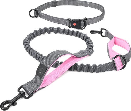 Laisse pour chien BOTC - Laisse de course pour chien - jusqu'à 170 cm - Laisse avec ceinture réfléchissante et Distributeur de sacs à déjections canines - Zwart/ Rose
