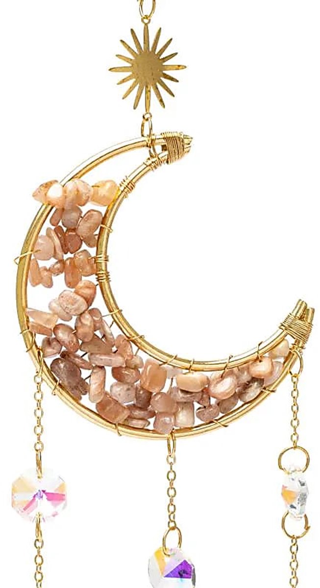 Phoenix Import Mani Bhadra Suncatcher maan met roze maansteen - ±8 cm goud/roze