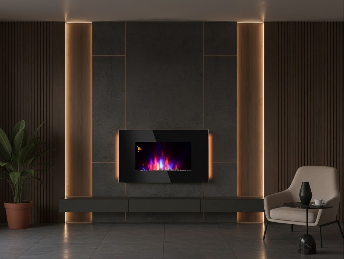Elektrische Wandhaard Aurora Flame 90 cm – LED Open Haard met 7 Kleuren Vlameffect, Kiezelstenen, Thermostaat, Afstandsbediening, Timer – 1000-2000W – Zwart – Design Sfeerhaard voor Wandmontage HomeByNicole