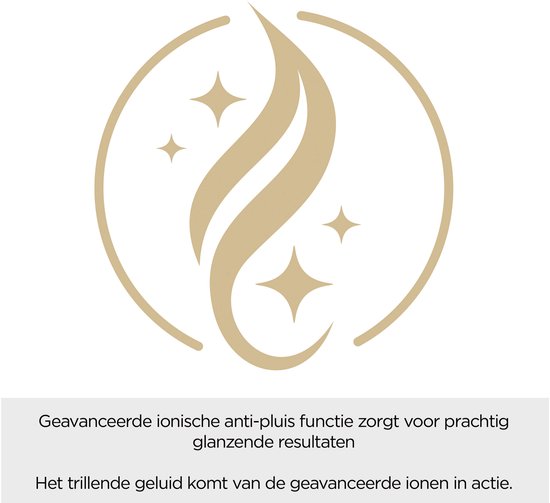 Logo met gouden lijnen, sterren en een golvend element. Geavanceerde ionische anti-pluis functie zorgt voor prachtig glanzende resultaten.