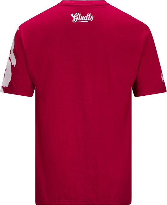 Achterkant van een rode T-shirt met witte 'Gladts' logo op de nek.