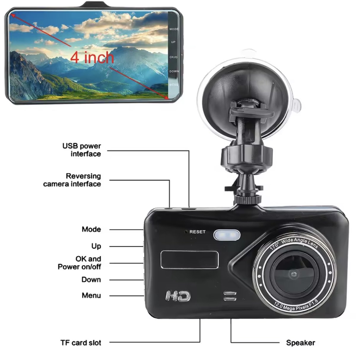 TRESTO - Dashcam Full HD Camera – 4 inch Touchscreen – Dashboardcamera – Full HD 1080p – Loop Recording – Nachtvisie – Bewegingssensor – G-sensor – Autocamera Voor én Achter - voor auto – foto 3