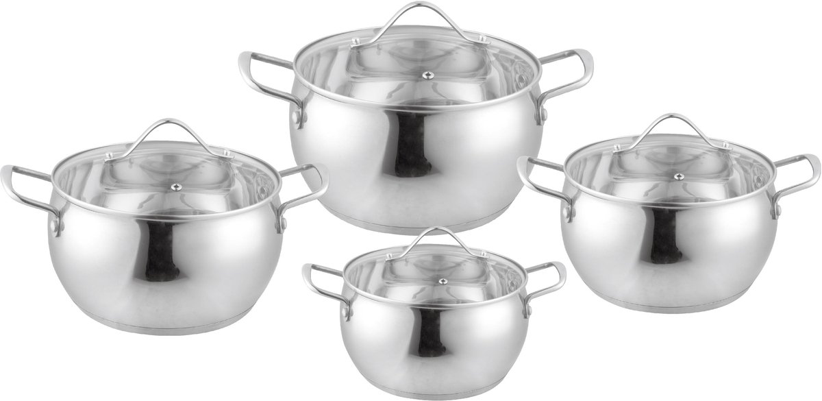 Bavary Pannenset ® - 8 Delig - RVS - Met glazen deksels - Alle warmtebronnen - Inductie - Vaatwasserbestendig – Ø 16,20, 24,28 cm